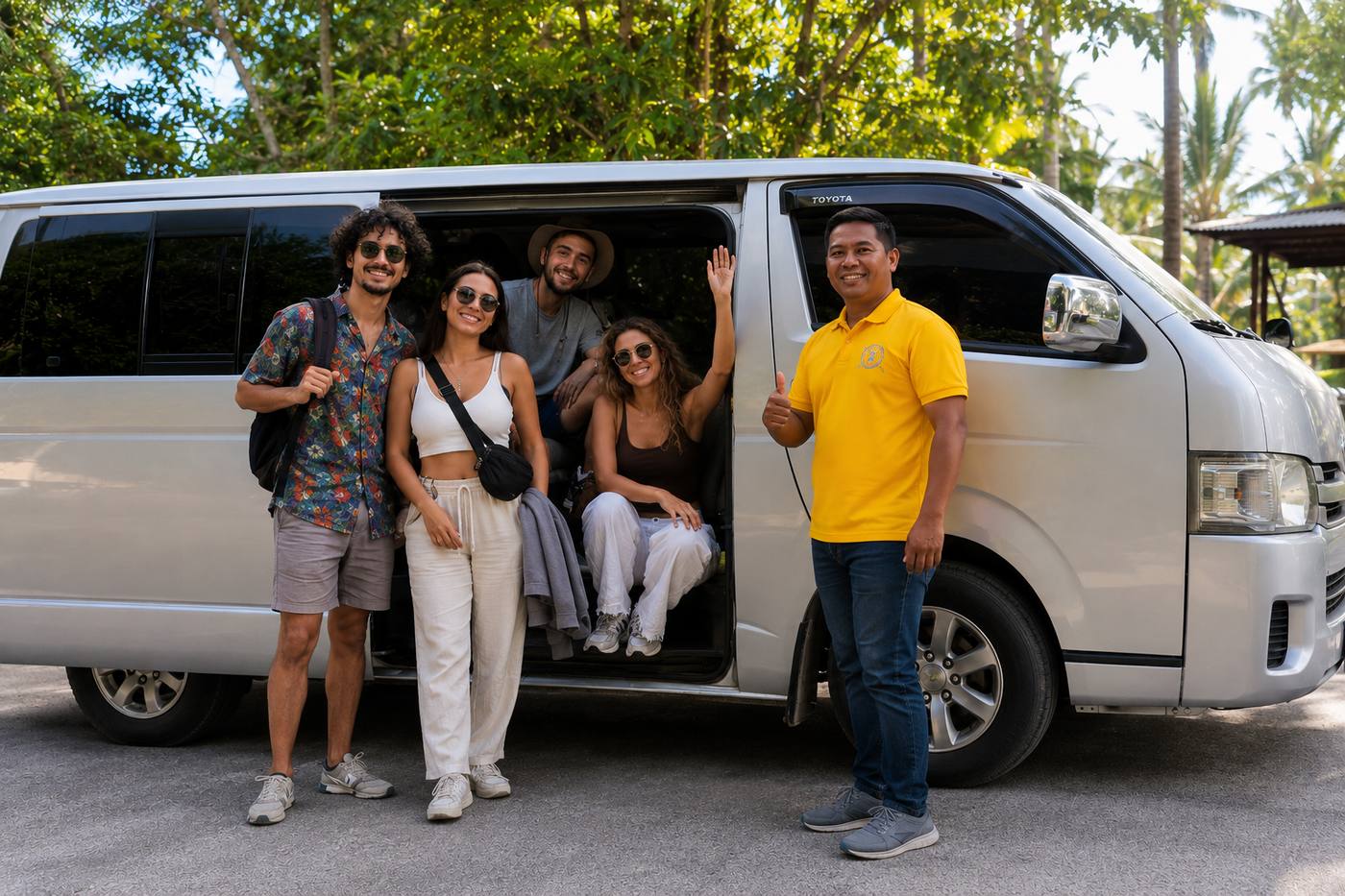 Group of tourists with Shuttle Siargao driver and Toyota van at Siargao airport