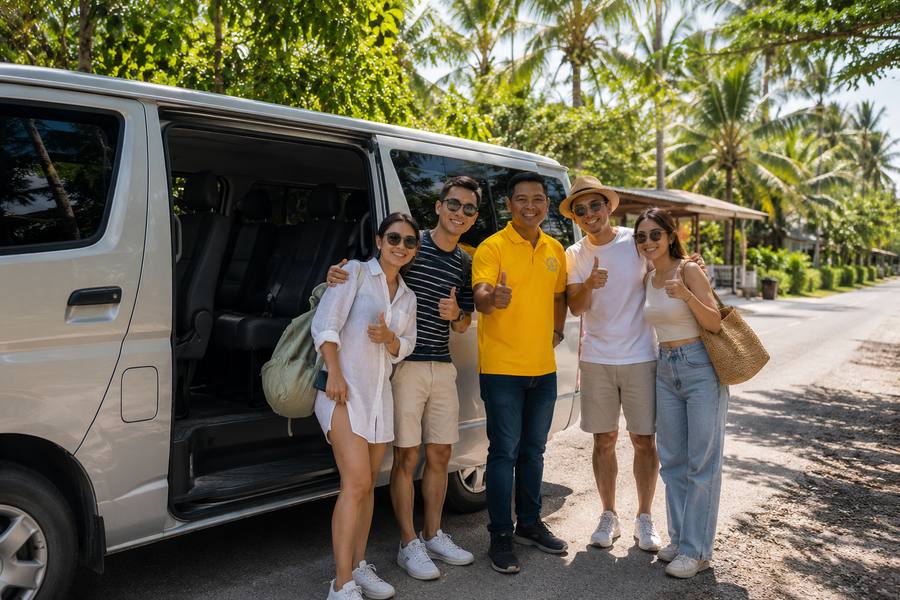 Happy traveler group with Shuttle Siargao driver giving thumbs up in Siargao