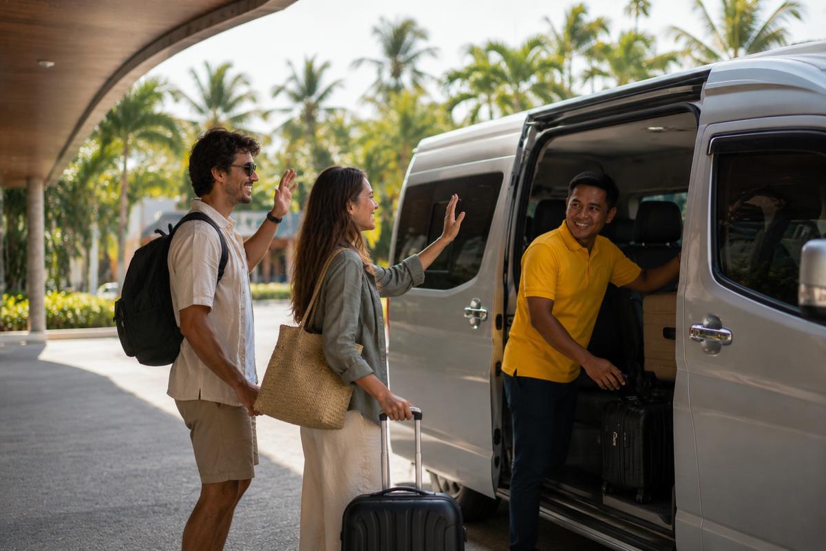 Shuttle Siargao couple and driver at van, Siargao airport transfer