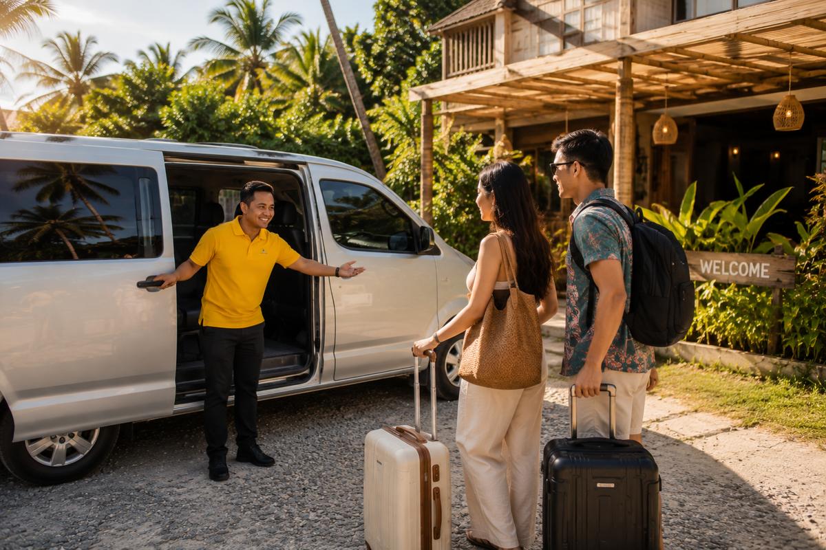 Shuttle Siargao driver welcomes couple at hotel arrival, Siargao Island