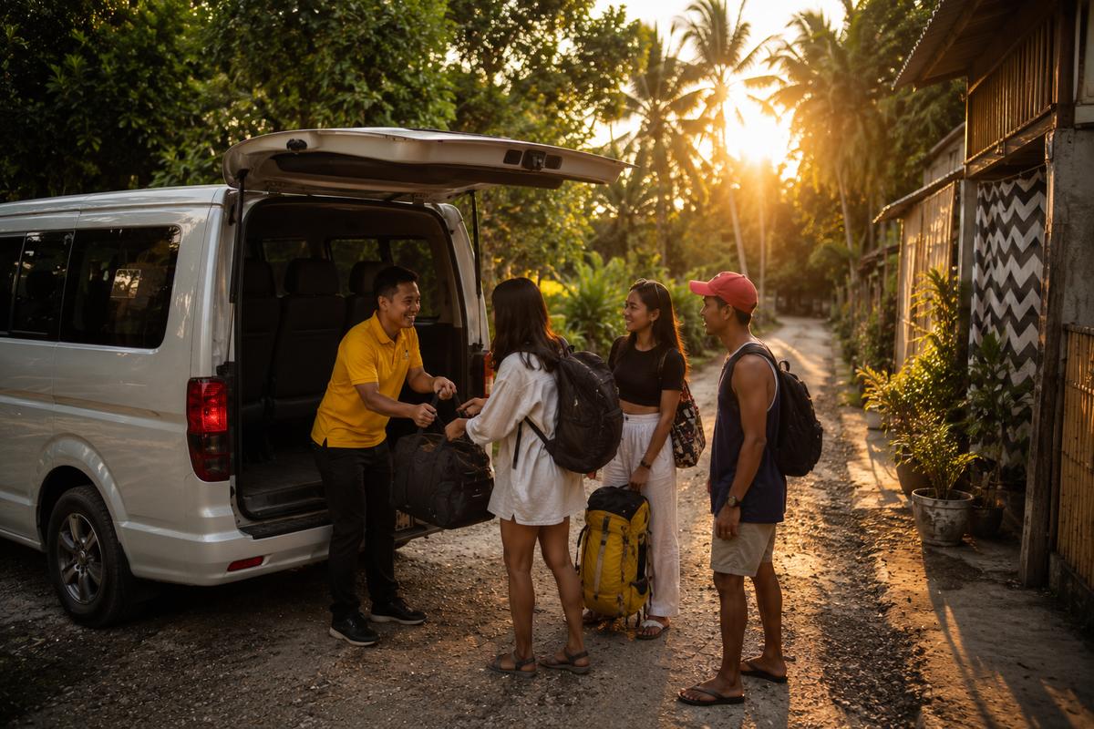 Shuttle Siargao group transfer at sunset, General Luna van pickup