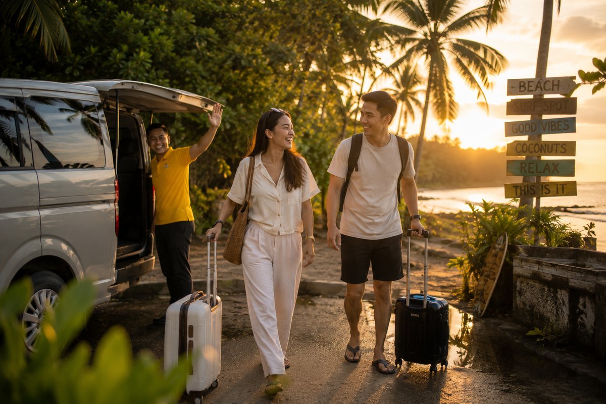 Couple arriving at Siargao at sunset
