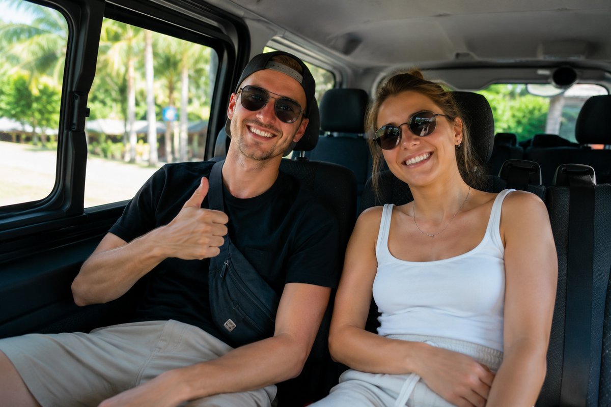 Happy couple with private van driver thumbs up