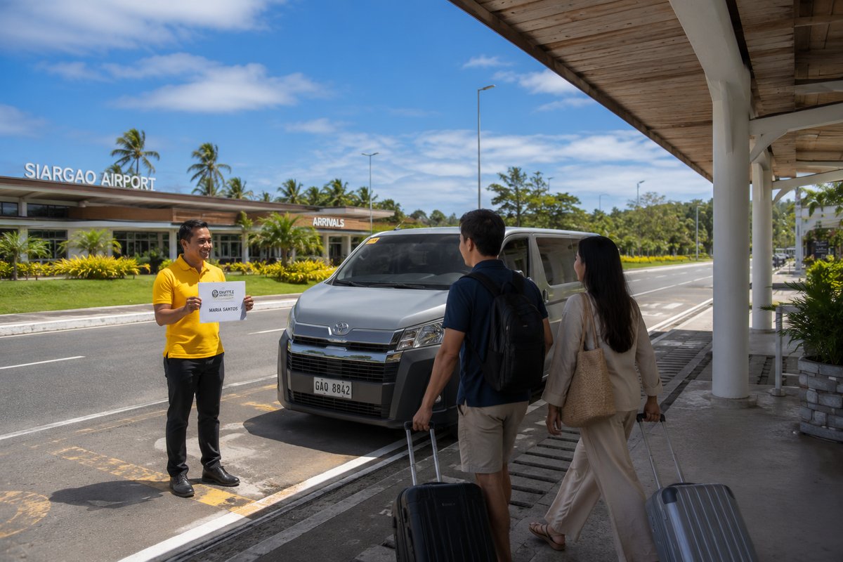 Driver with welcome sign at Siargao airport