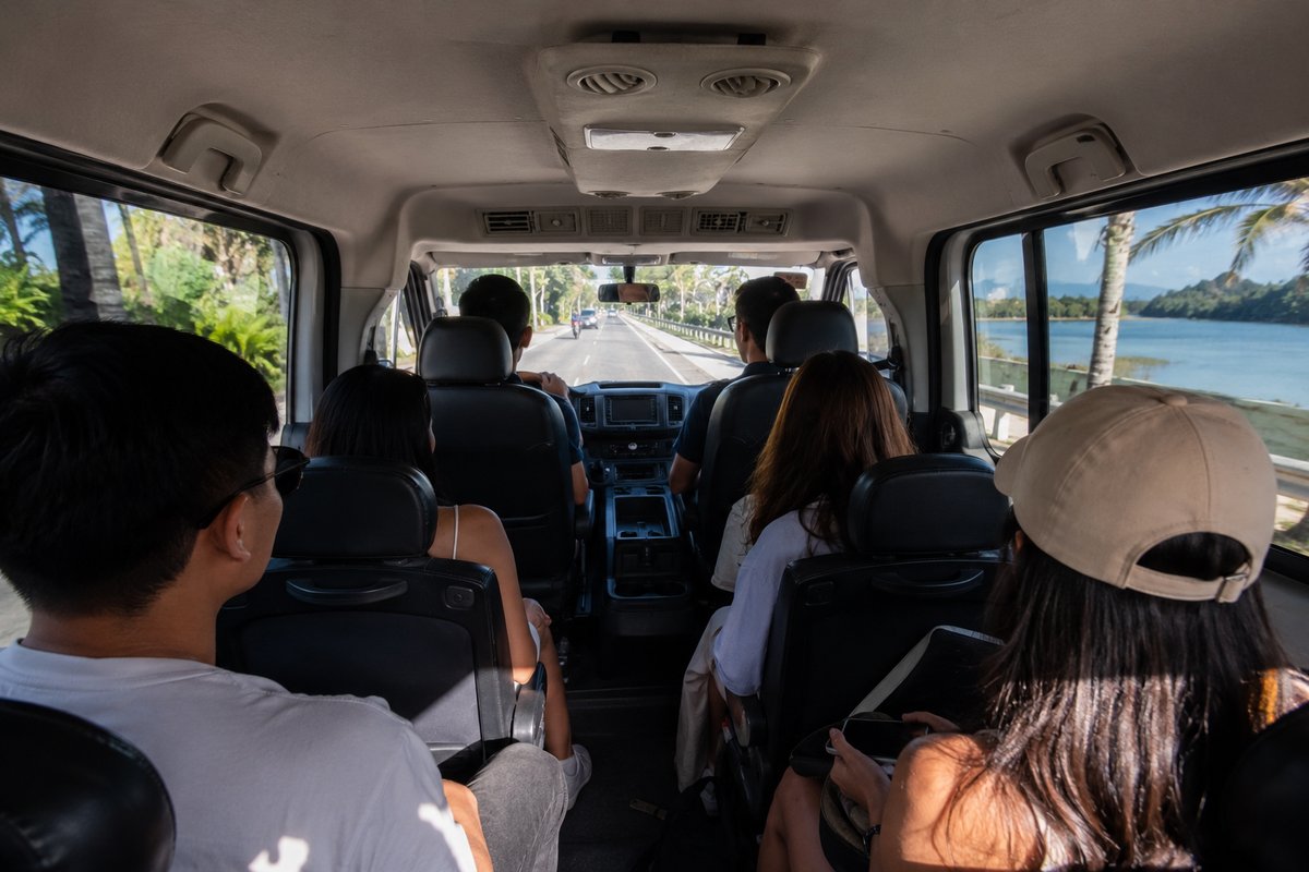 Passengers in Shuttle Siargao private van on road