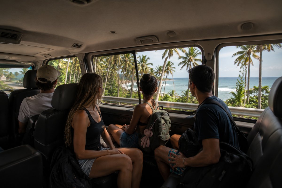 Passengers with ocean view from van window